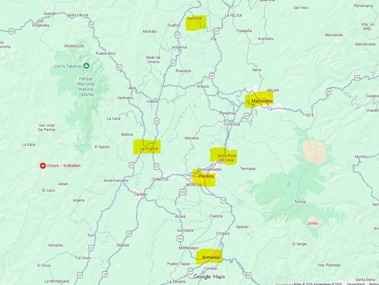 Karte der vom Erdbeben betroffenen Region in Kolumbien